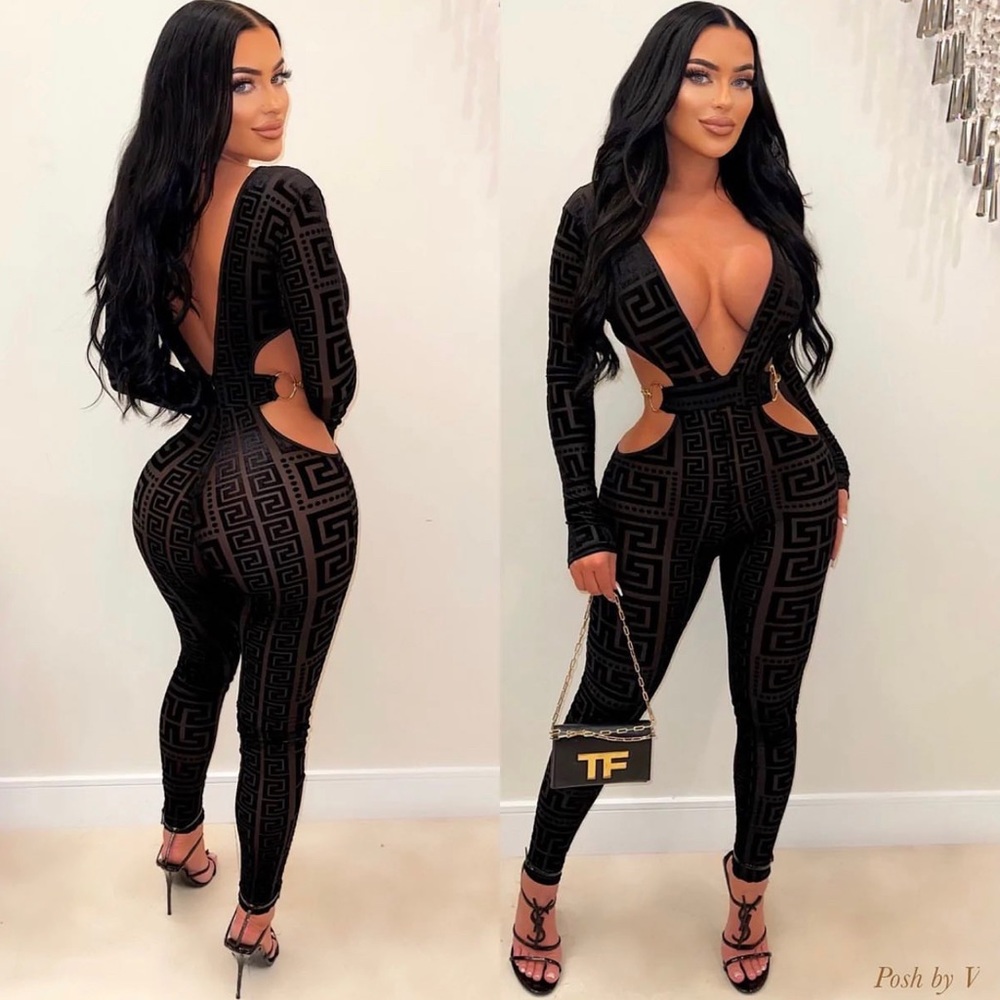 velvet black mesh cut out jumpsuit